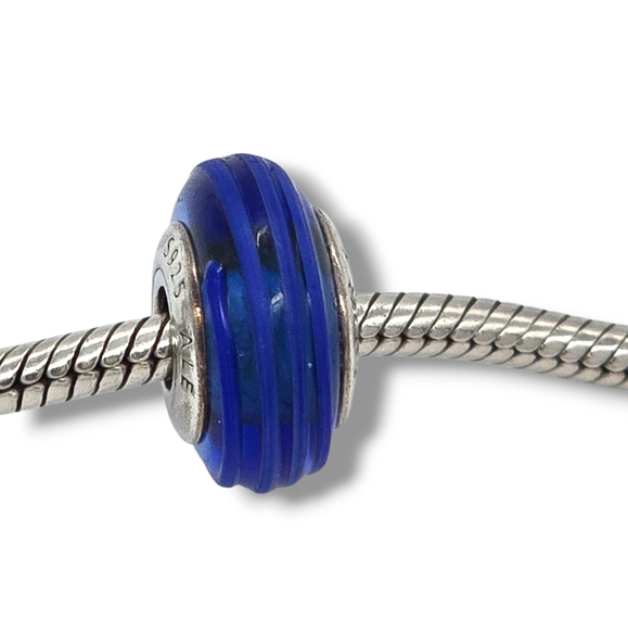PANDORA Cobalt Blue Ribbon Swirl Murano Glass Bead Charm S925 Retired - Picture 7 of 16